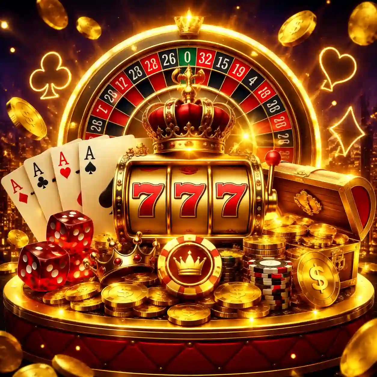 Ambiente de cassino online com luzes douradas e mesas de jogo